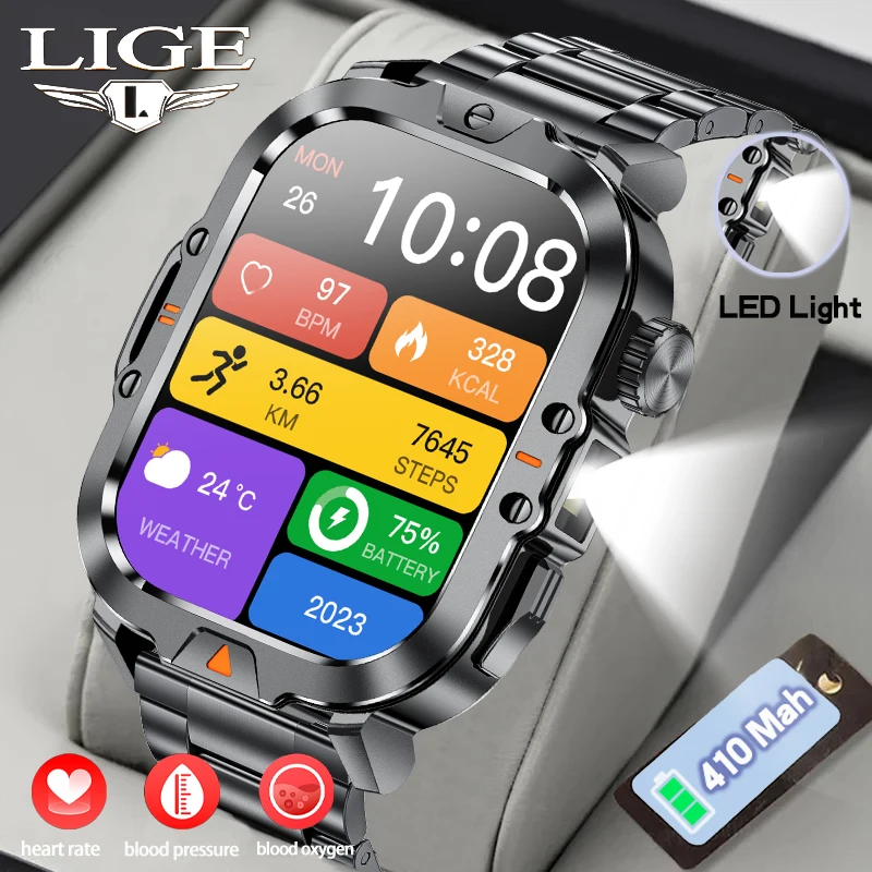 

LIGE Outdoor Sports Smart Watches With LED Flashlight IP68 Waterproof Men’s Smartwatch BT Call Custom Watch Face Health Monitor