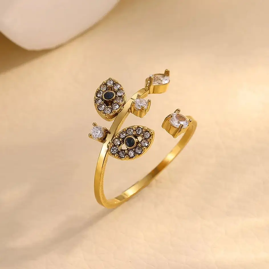 Punk Zirkon Evil Eye Ringe für Frauen, personalisierter goldfarbener Pflanzenblatt-Anillos-Ring aus Edelstahl, wasserdichter offener Ring, Schmuck