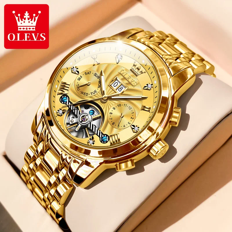 OLEVS Top Brand Men Watches Automatic Mechanical Watch 50M Waterproof Stainless Steel Skeleton Design Watches Reloj de hombre