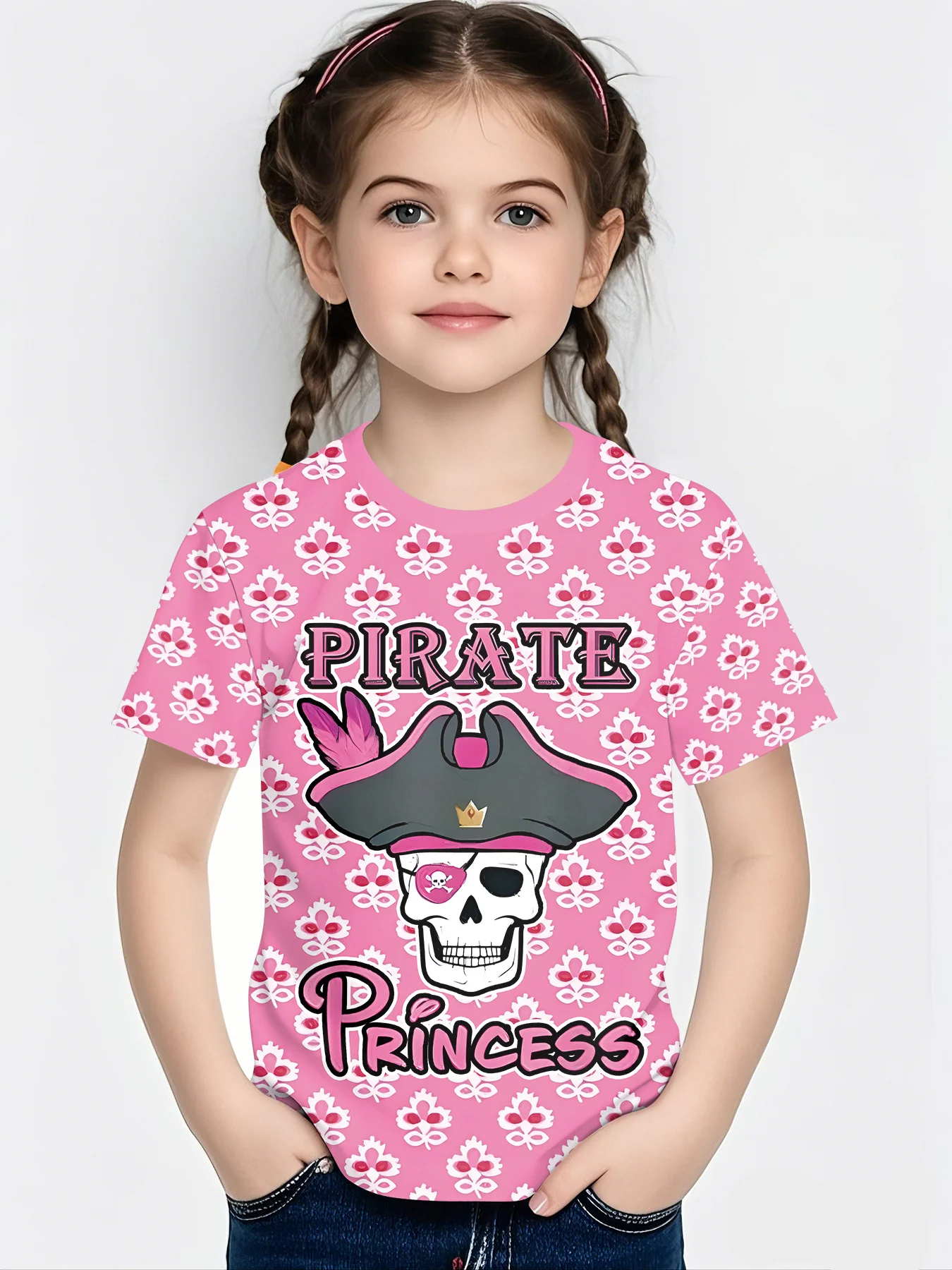 Children Pirate Princess Print T‑Shirt, Little Girls Skull Pirate Hat Floral All‑Over Art Short Sleeve Crew Neck Casual Tee