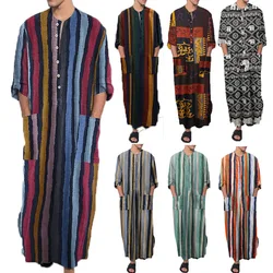 Middle Eastern Islam Men Abayat Long Sleeve One-piece Arabian Men Striped Printed Muslim Men Robe Musulmane