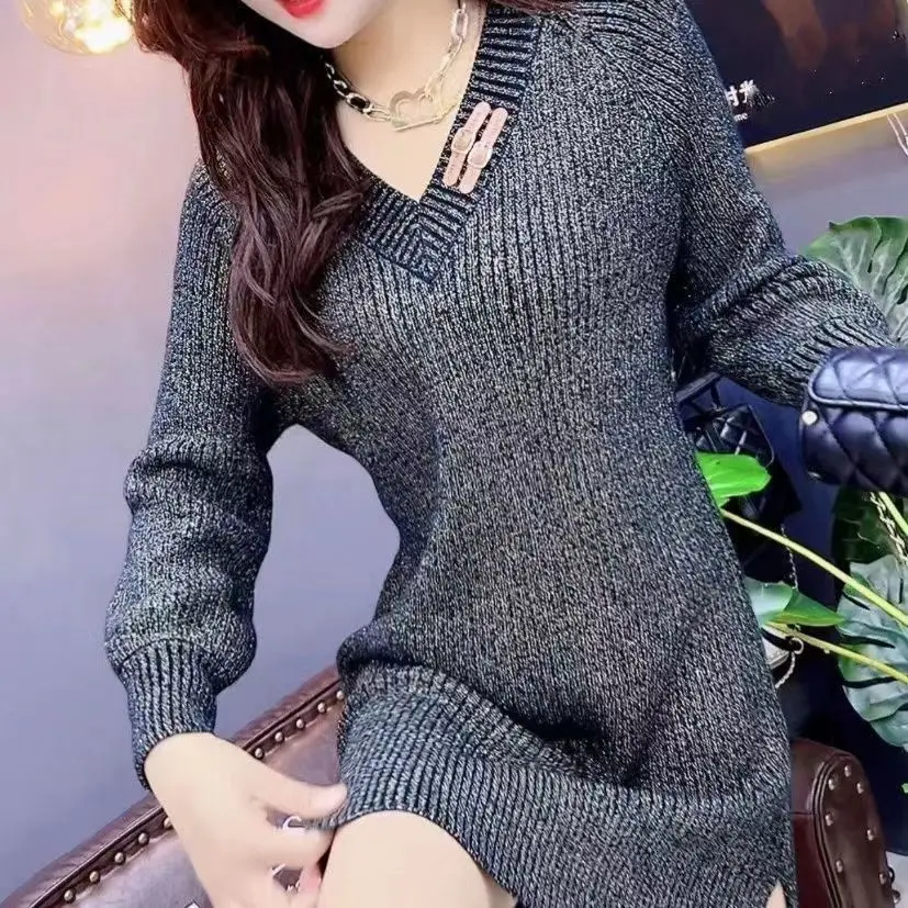 Autumn and Winter New Women\'s Doubles Leather Strap Medium Long Version with Bright Thread Knitted Temperament Sweater Dress