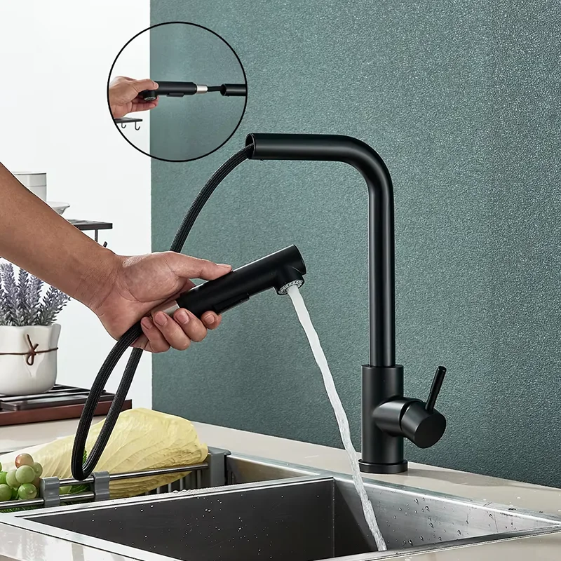 Upgraded black silver pull-out telescopic rotary kitchen faucet two models water outlet stainless steel hot and cold dual mode