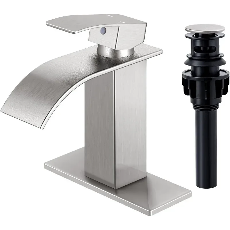 Waterfall Bathroom Faucet, Brushed Nickel Modern Single Handle Bathroom Faucets ,Pop-up Drain and Supply Hoses