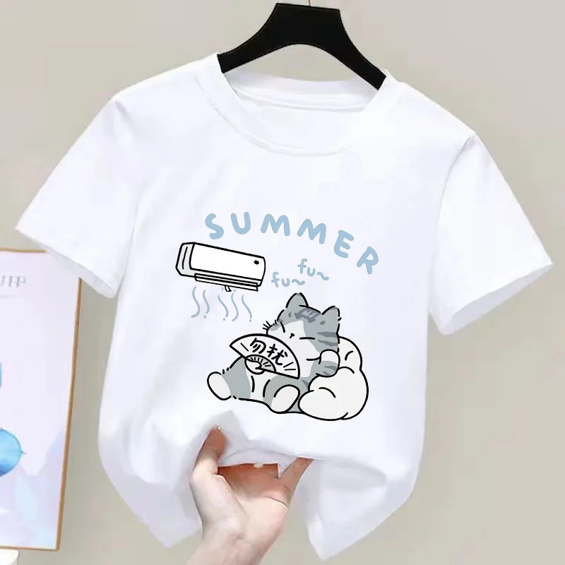 

Summer Kids T-shirt Korean Casual Style Kitten Blowing Fan Print T-shirt Suitable for Both Boys Girls
