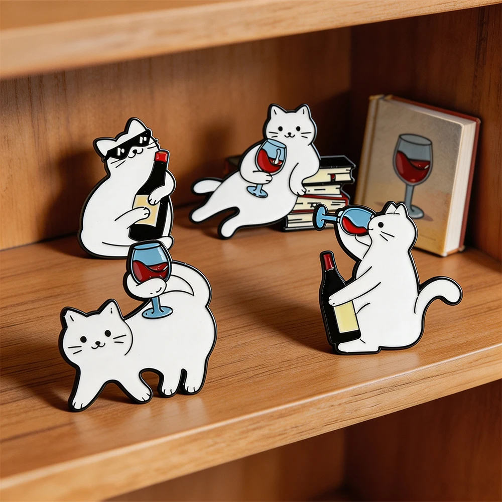 Cartoon Red Wine Cat Enamel Brooch Book Sunglass Cute Whiskey Musician White Cat Punk Animal Lapel Pins For Backpack Hat Jewelry
