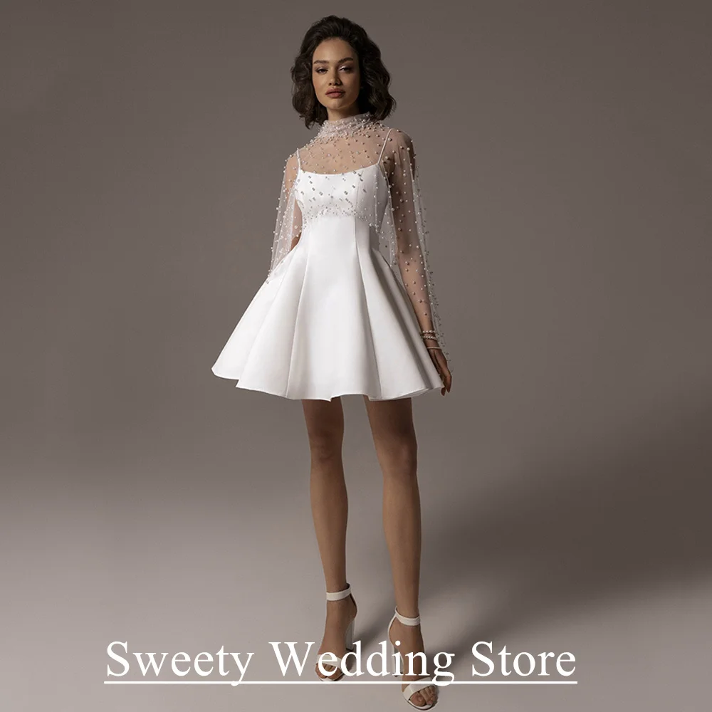 

Sexy Short Wedding Dress 2025 Customized Spaghetti Straps Pearls Jacket Mini Civil Bridal Gown New Arrival Bride Dresses