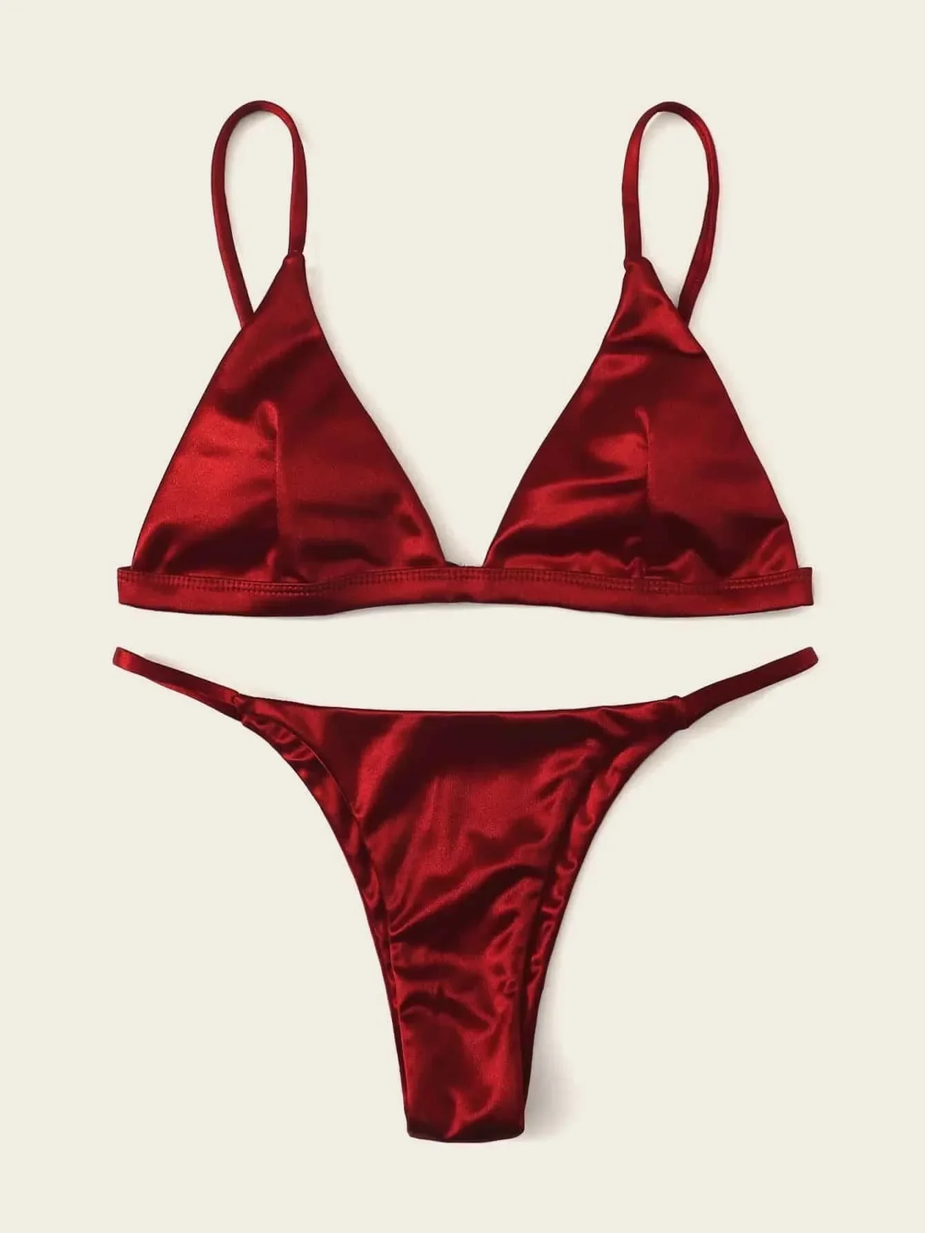 Sexy cetim vinho vermelho triângulo micro bikini define duas peças tanga maiô roupas de praia para mulher conjunto de biquíni