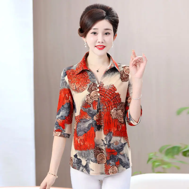 T-shirt con colletto a camicia estiva per la madre Top Abbigliamento da donna di mezza età Camicia base dimagrante con temperamento a manica media