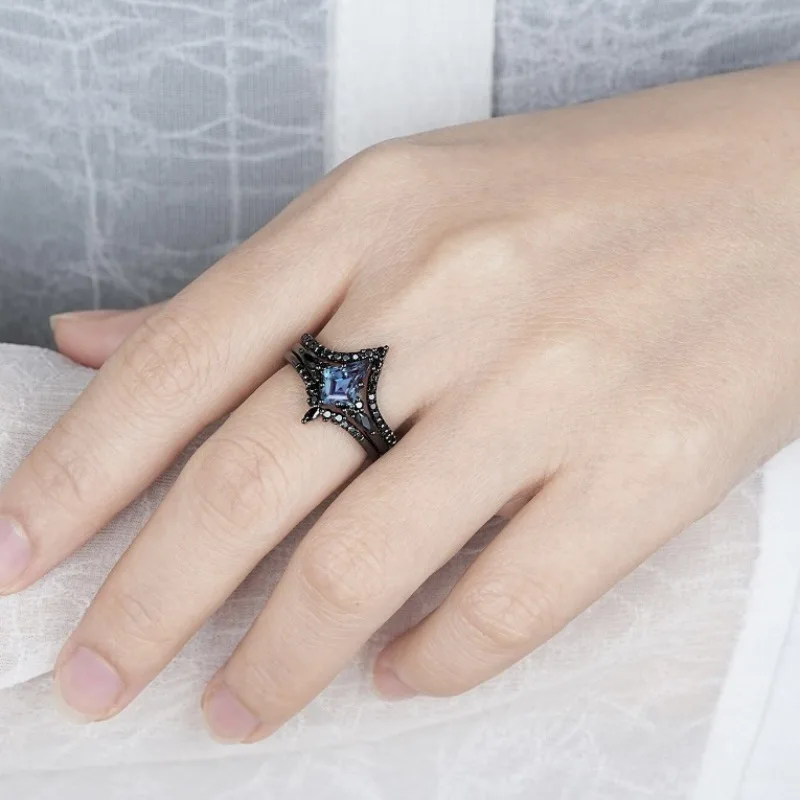 Elegant Black Gold Color Waterdrop Ring for Women Set Fashion Metal Inlaid Black Stones Ring Set Jewelry #3