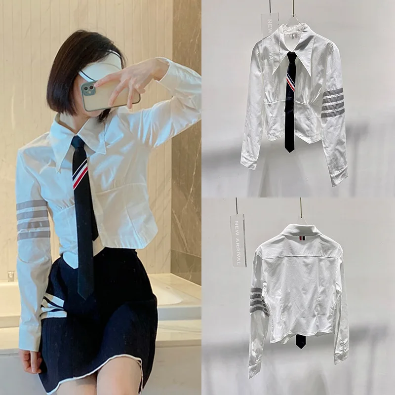 Stripe Design Fashion Brand Polo Collar Tie Shirt Slim fit Long Sleeved Casual Cardigan Korean Style Elegant Women's Tops