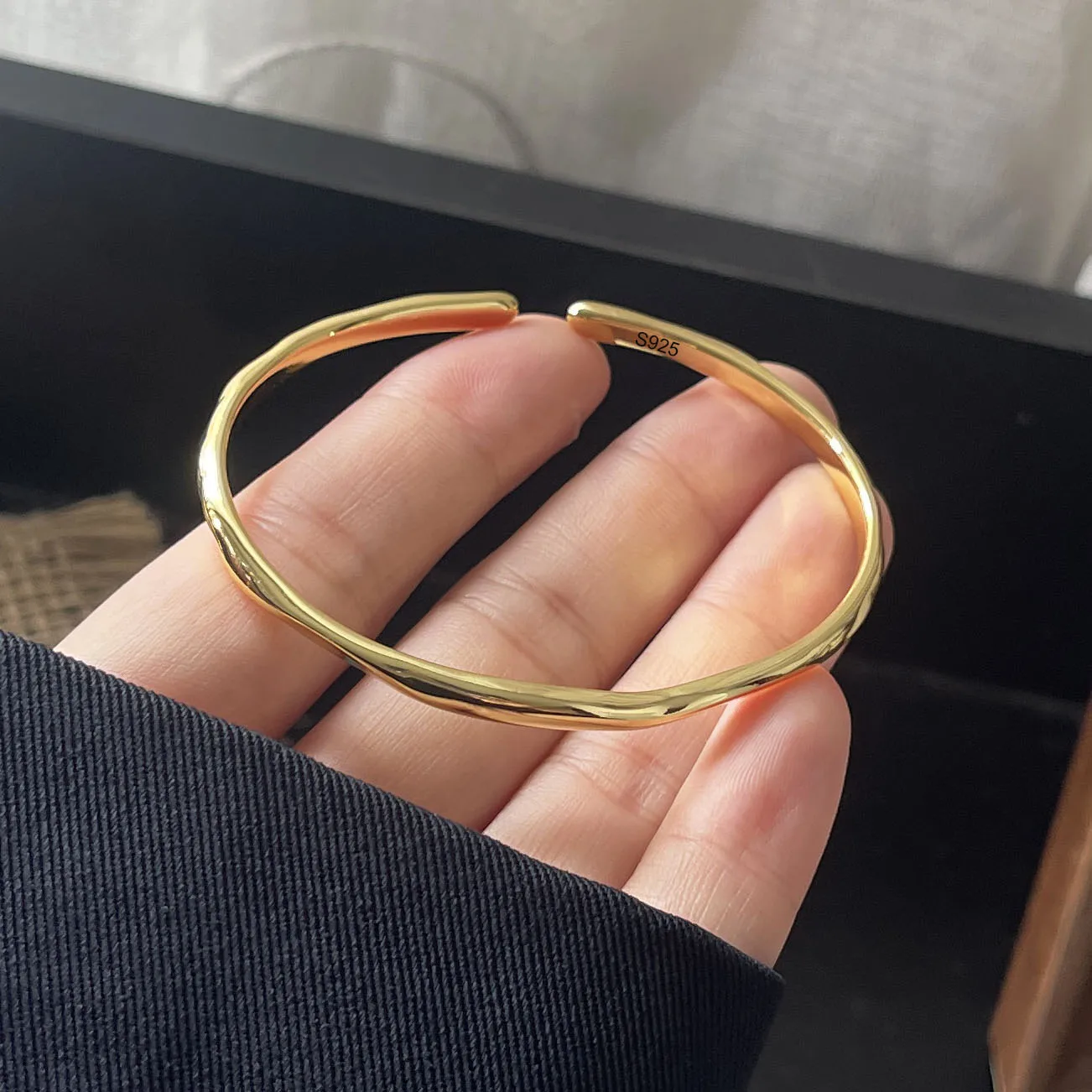 100% Solid 925 Sterling Silver Retro Bracelet for Women Geometric Gold Narrow Handmade Sparkling Simple Bracelet Birthday Gift