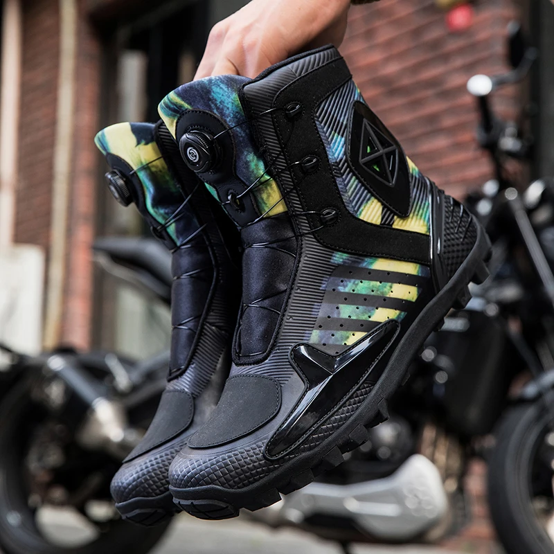 Lexsan Men's Leather Motorcycle Boots Breathable Anti-Slip Wear-Resistant Motorbike Racing Ankle Length Shoes for Riders