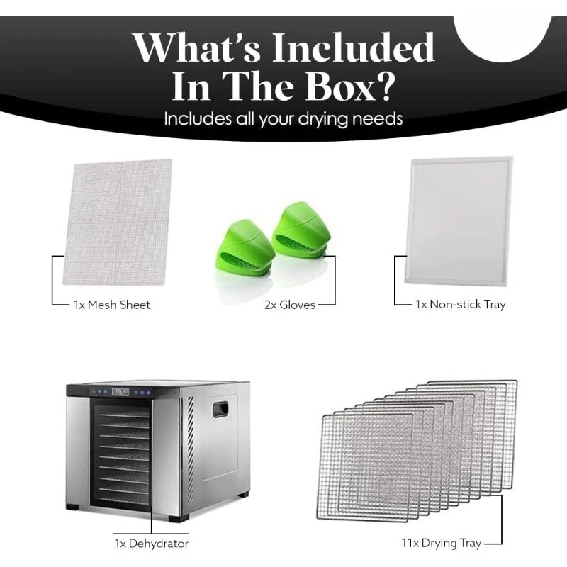 Food Dehydrator Machine | 11 Stainless Steel Trays | Adjustable Timer and Temperature Control | Jerky,Herb,Meat,Beef,Fruits