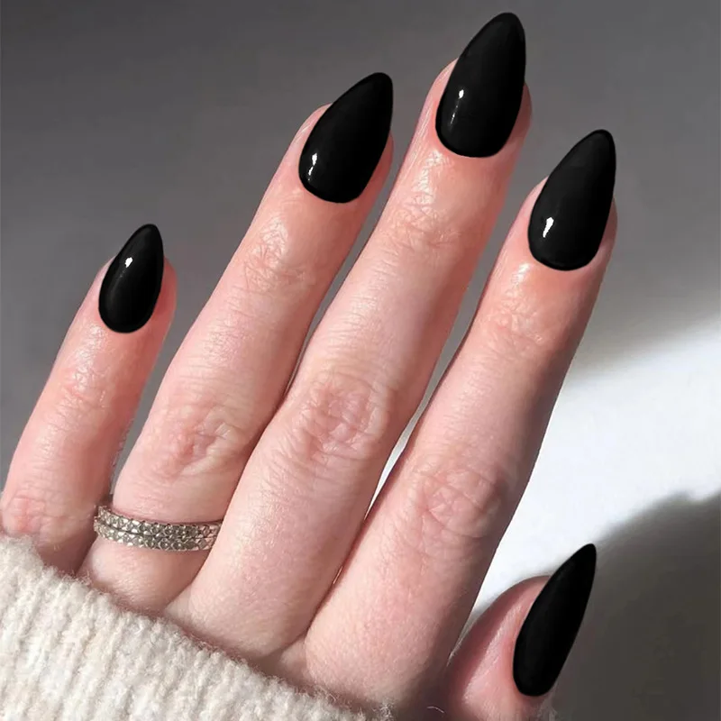 

30Pcs Oval Press-on Nails: Solid Black French Tips - Minimalist & Chic False Nails With Wearing Tools