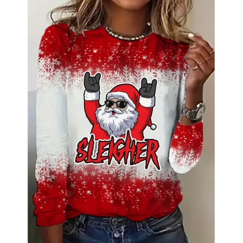 Women's long sleeved round neck T-shirt with Christmas snowman print personalized comfortable and elegant party women's T-shirt