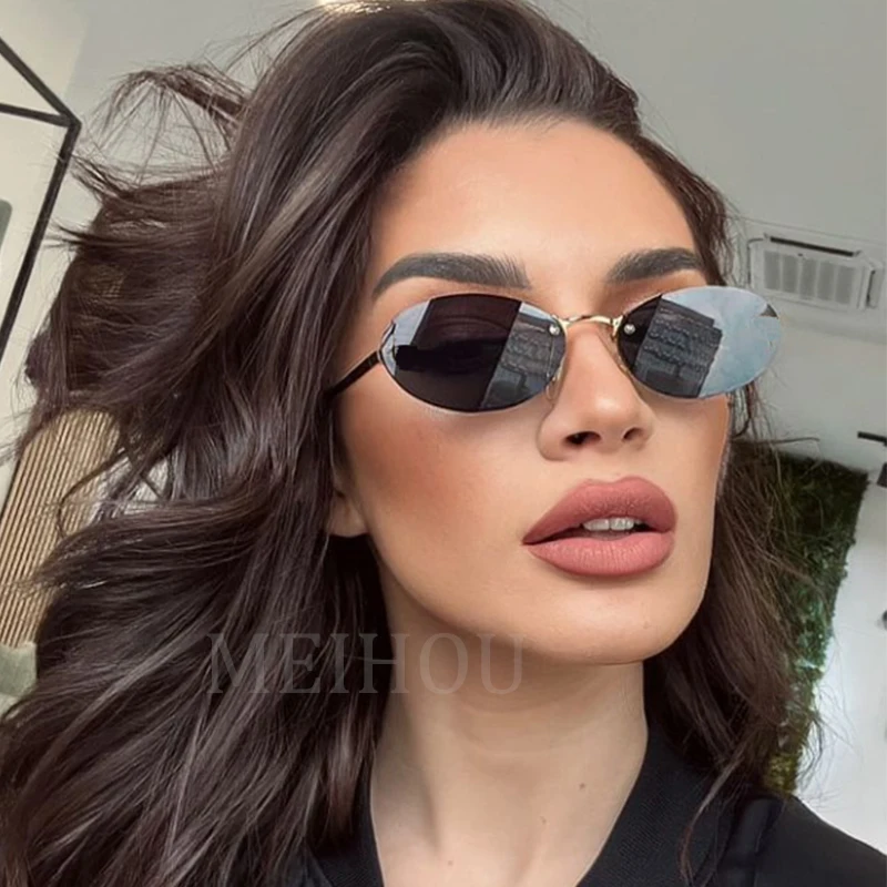 Rimless Oval Women\'s Sunglasses New Retro metal frame small Cat Eye Sun Glasses Men Shades Punk Driving Eyewear Glasses Female