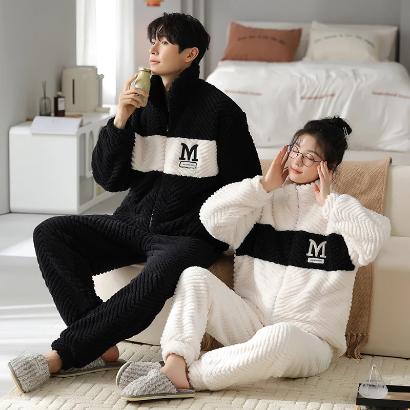 Newest Winter Couple Pajamas Set Women Men Warm Fleece Pijama Lovers Casual Home Clothing