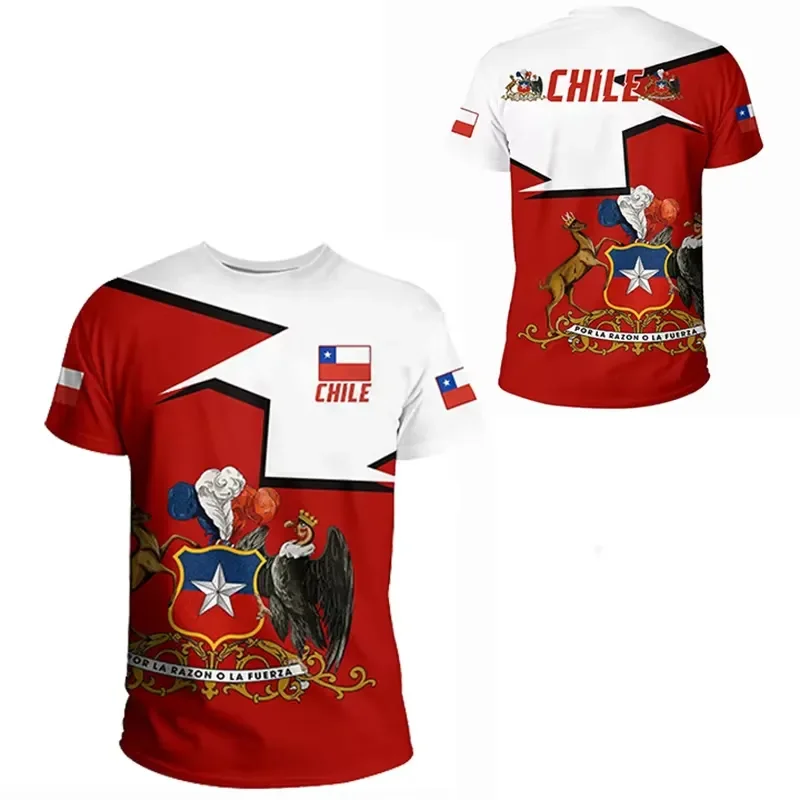 2026 New Summer 3D Chile National Flag Print T-Shirt with Emblem Graphic Design for Men and Kids Vintage Style Cool