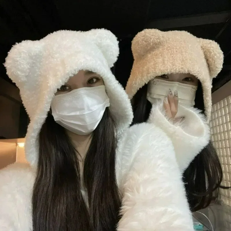

Cute Bear Ear Hat Winter Beanies Warm Ear Protection Knitted Beanie Cap Bonnets Cartoon Solid Color Warmer Earmuffs Caps