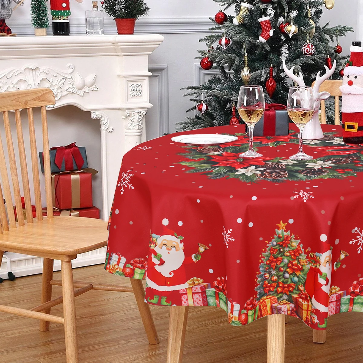 150cm Christmas Santa Claus Reindeer Snowman Snowflakes Round Tablecloth Waterproof  PE Resistant Table Cloth  Xmas Party Decor