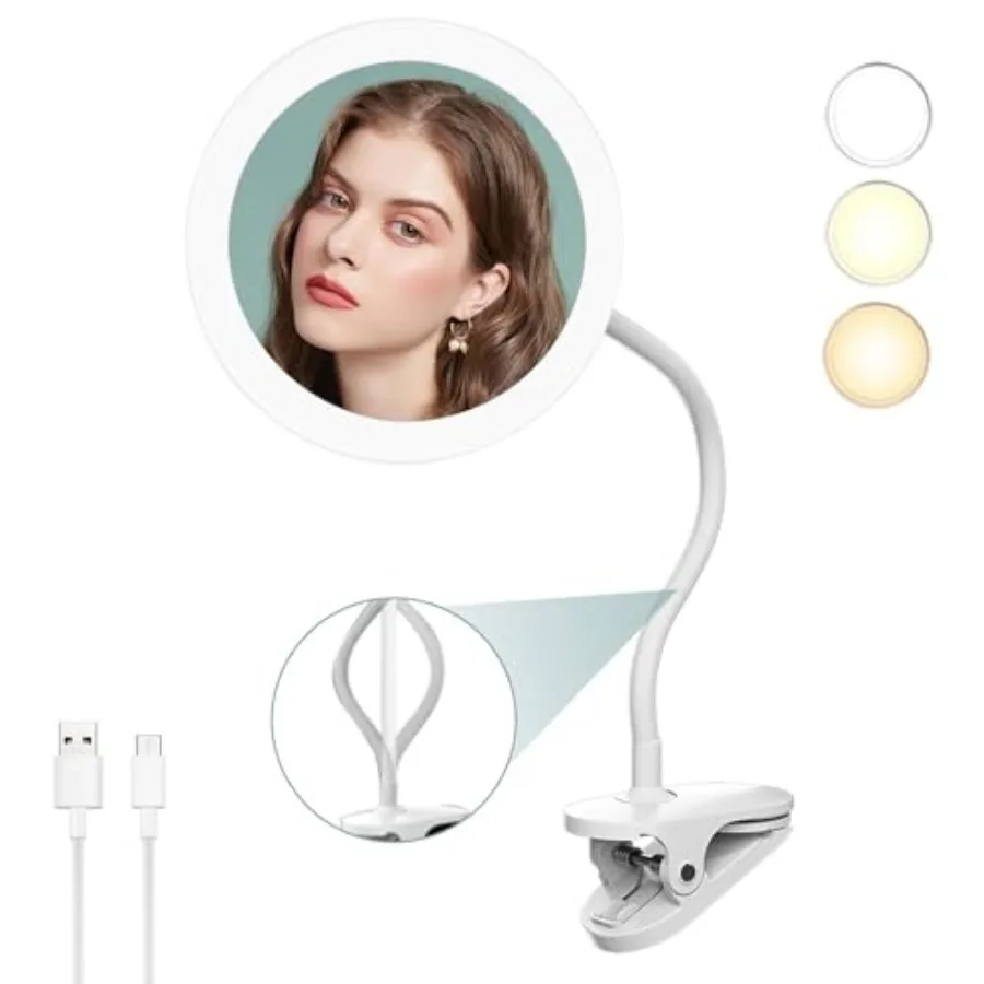 

6.5" Clip-On Magnifying Vanity Mirror - 5X Magnification USB Rechargeable Lighted Travel-Friendly White
