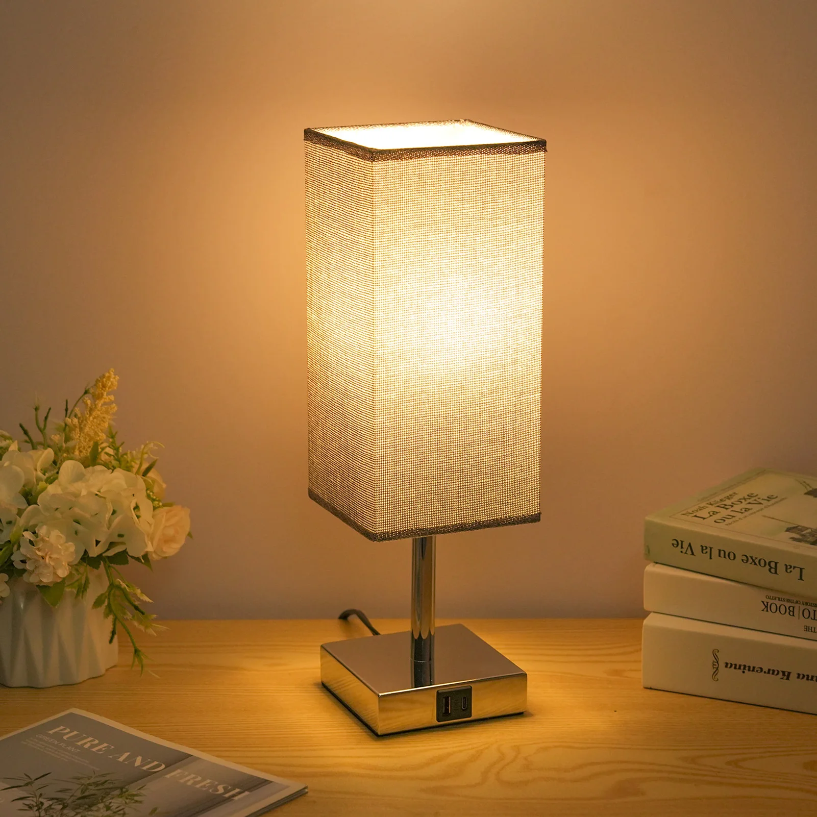 

2 Packs Fabric Bedside Table Lamp Nightstand Lamp with Warm White LED Bulb Desk Light Touch Control Ports 3 Levels Dimmable