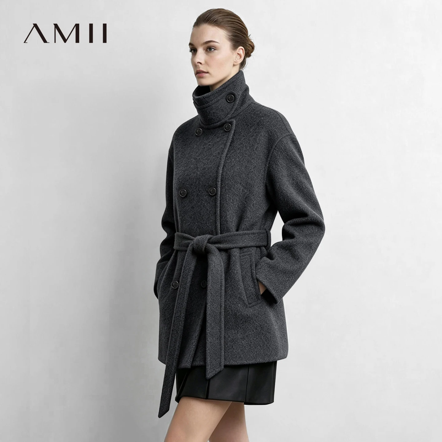 Amii Winter Warm Coats Stand Collar Woolen Double-Faced Coat Belted Mid-Length Pocket Commuter Minimalist Women Jacket 12624040