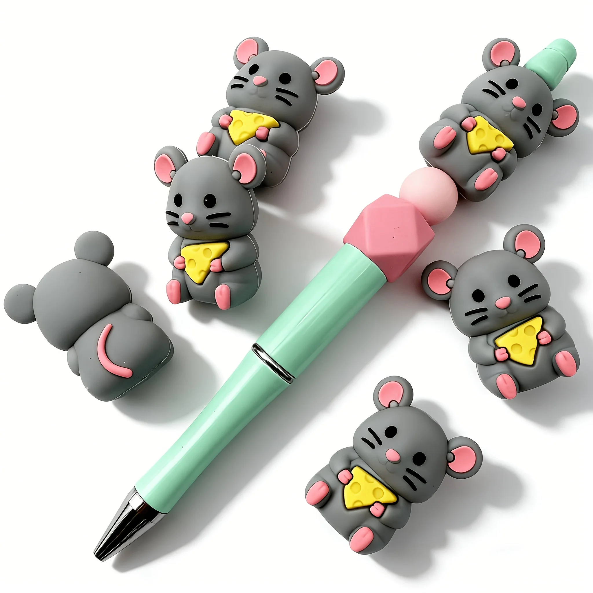 4Pcs 3D Mouse Silicone Focus Beads with Tail, Loose Beads for DIY Beaded Pen Bracelet Hair Accessories Handmade Crafts