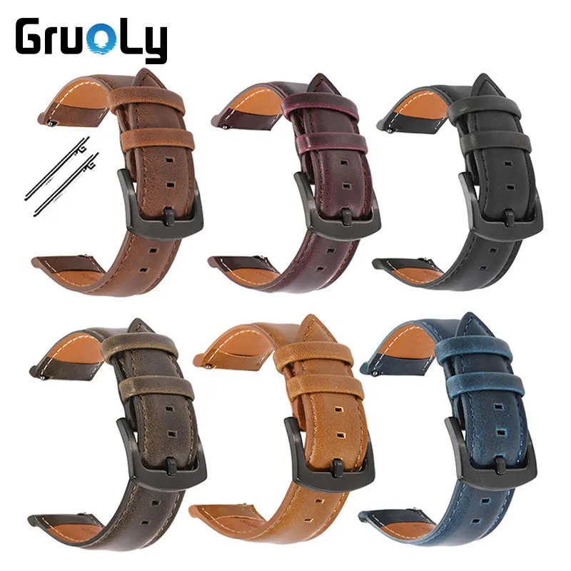 Crazy Horse Leather Watchband Straps Quick Release 18mm 20mm 22mm Universal Wrist Band For Huawei GT5/4/3 For Samsung Watchband