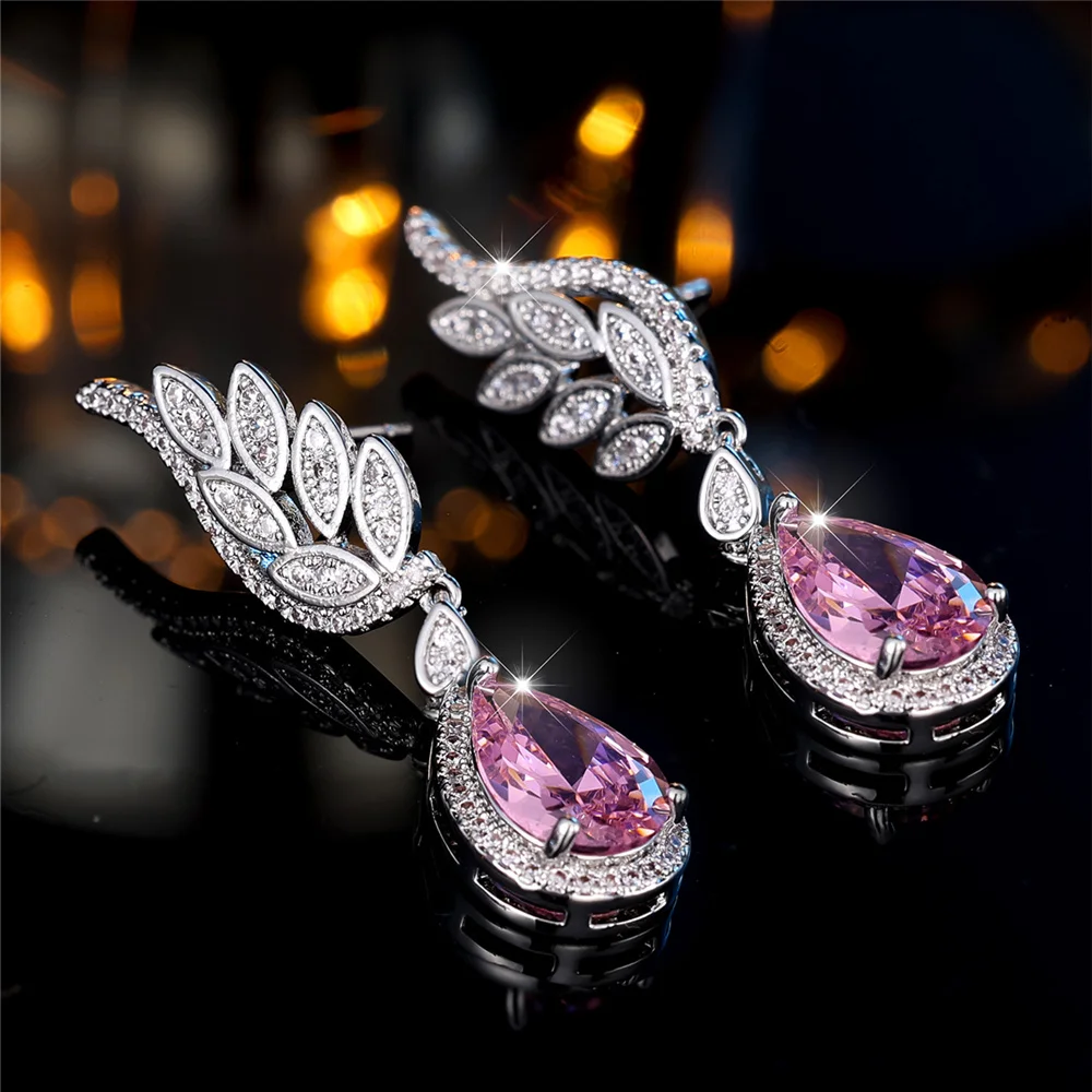 Luxury Female White Pink Zircon Stone Water Drop Wedding Jewelry Vintage Silver Color Stud Earrings For Women