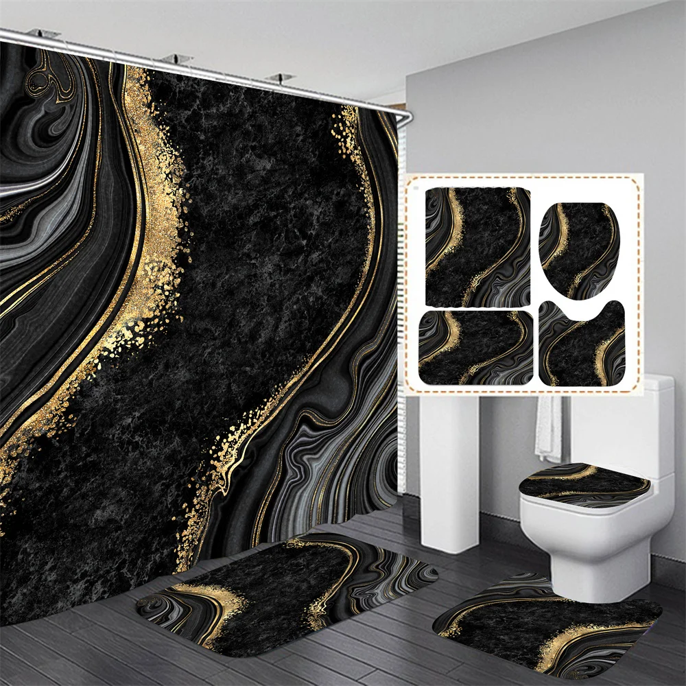 Cortina de ducha floral negra con alfombras antideslizantes para bano - imagen 4