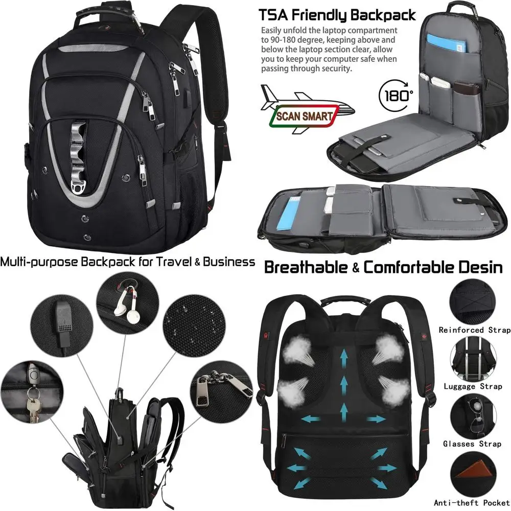 55-60L Large Gaming Laptop Backpack with USB, TSA-Friendly, Anti-Theft, Water-Resistant for Travel and Work