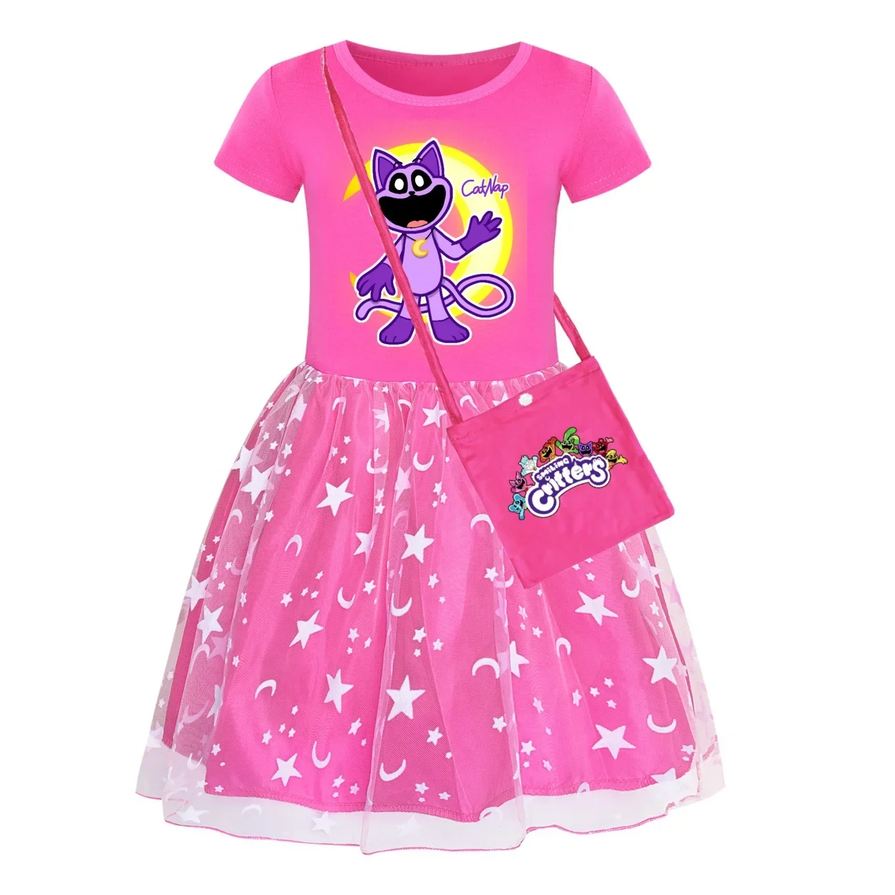 Cartoon Smiling Critters Catnap Baby Girl Dresses Kids Purple Cat Clothes Cosplay Costume Children Casual Rainbow Dress + Bag