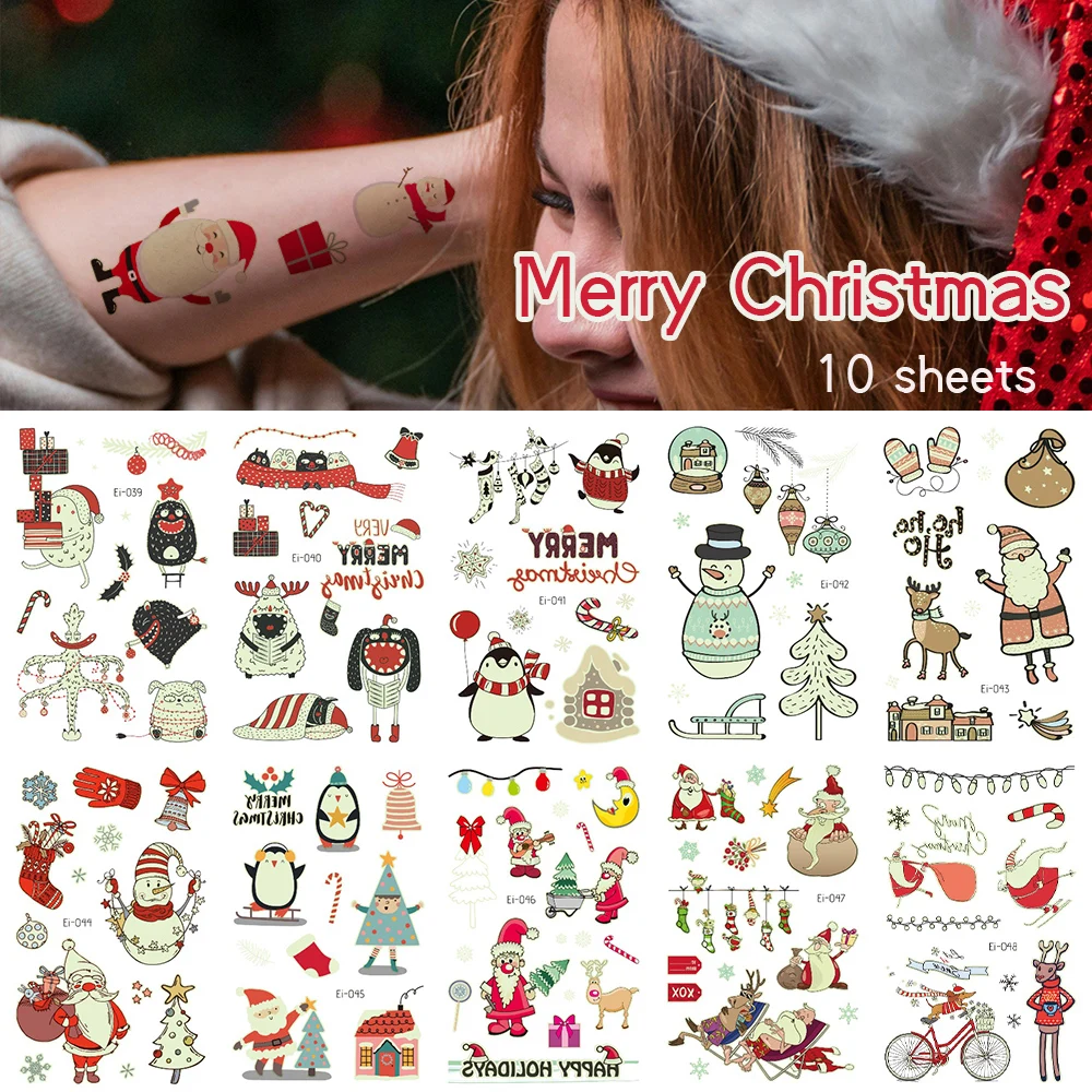 Merry Christmas Glowing Christmas Temporary Tattoos-Santa Claus, Bear, Tree Design Body Art Tattoo Decoration, Christmas Props