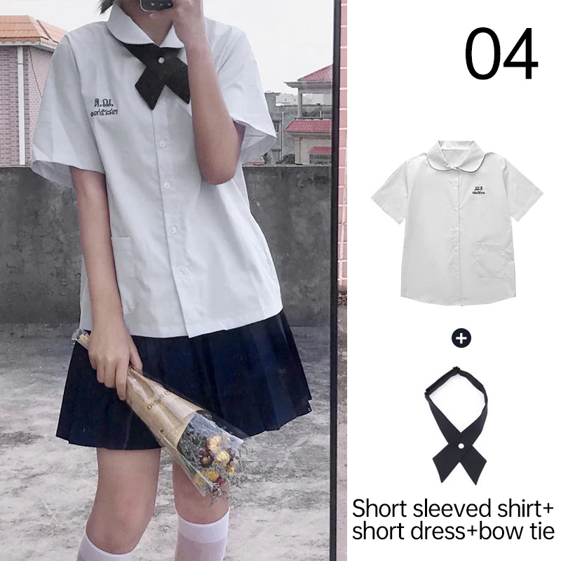 Men/Women JK Uniform Thai Style School Uniforms Short Sleeve White Shirt/Light Purple Shirt Preppy Style Pleated Skirt w/bow Tie