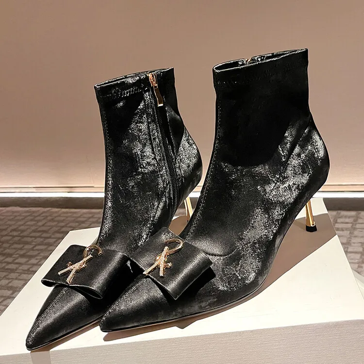 Black Stretch Fabric Women Short Boots Pointed Toe Autumn Prom Party Botas Metal Decor Side Zipper Formal Pumps Iron High Heels