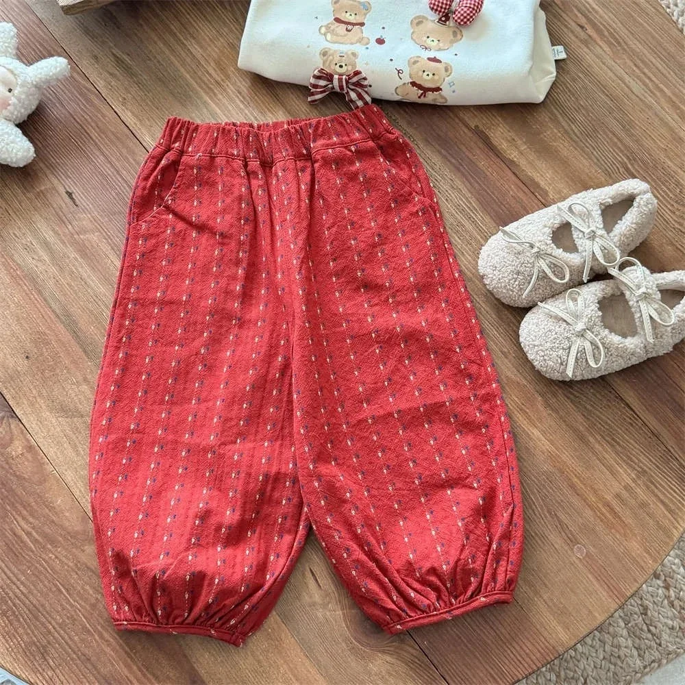 خريف جديد لطيف ملابس عقدة شعر للفتيات الدب كم طويل بلوزات وسراويل مخططة حمراء موضة الأطفال مجموعة النسخة الكورية #6