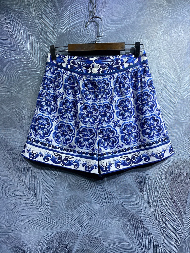 Blue and White Porcelain Printing Shorts 100% Cotton Summer Women Sweets Wear Beach Holiday  Girl's Mini Pants