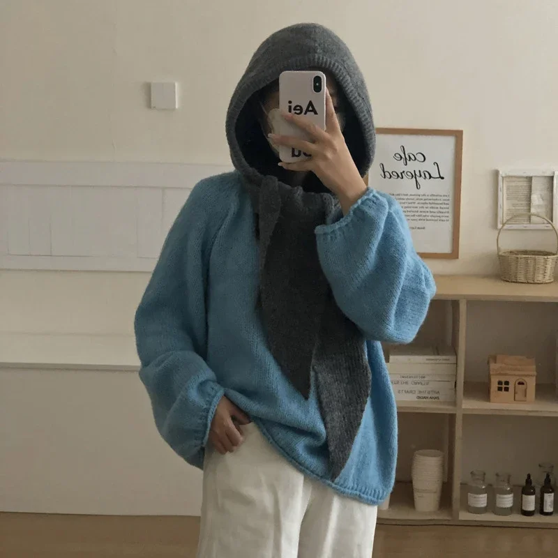 Winterwarme Woll-Strickmütze mit Falschem Schalkragen, Kapuzenpullover und Einteiligem Nackenwärmer für den Außeneinsatz bei Kälte – Detail 10