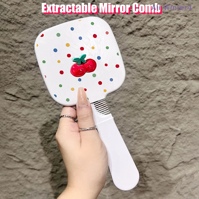 Winter4Portable Cute Cherry Extractable Mirror&comb Cute Cartoon Hair Comb Girls Gift Travel Makeup Tools
