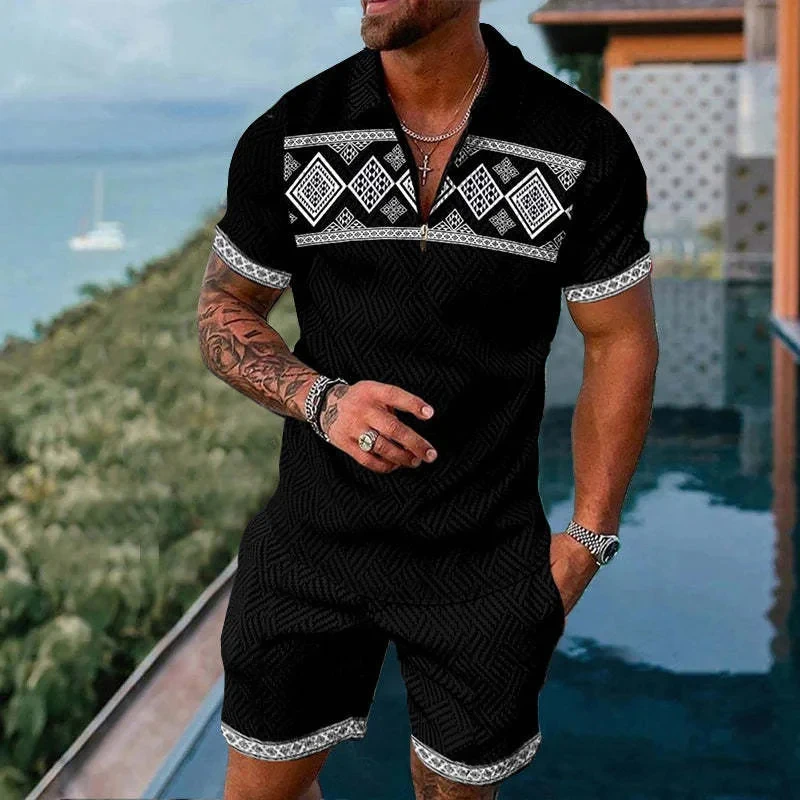 Summer 3D Geometric Print Men Polo Set Zipper Lapel Polo Men Sets Zipper Collar And Shorts 2pcs Sets Holiday style Man clothes