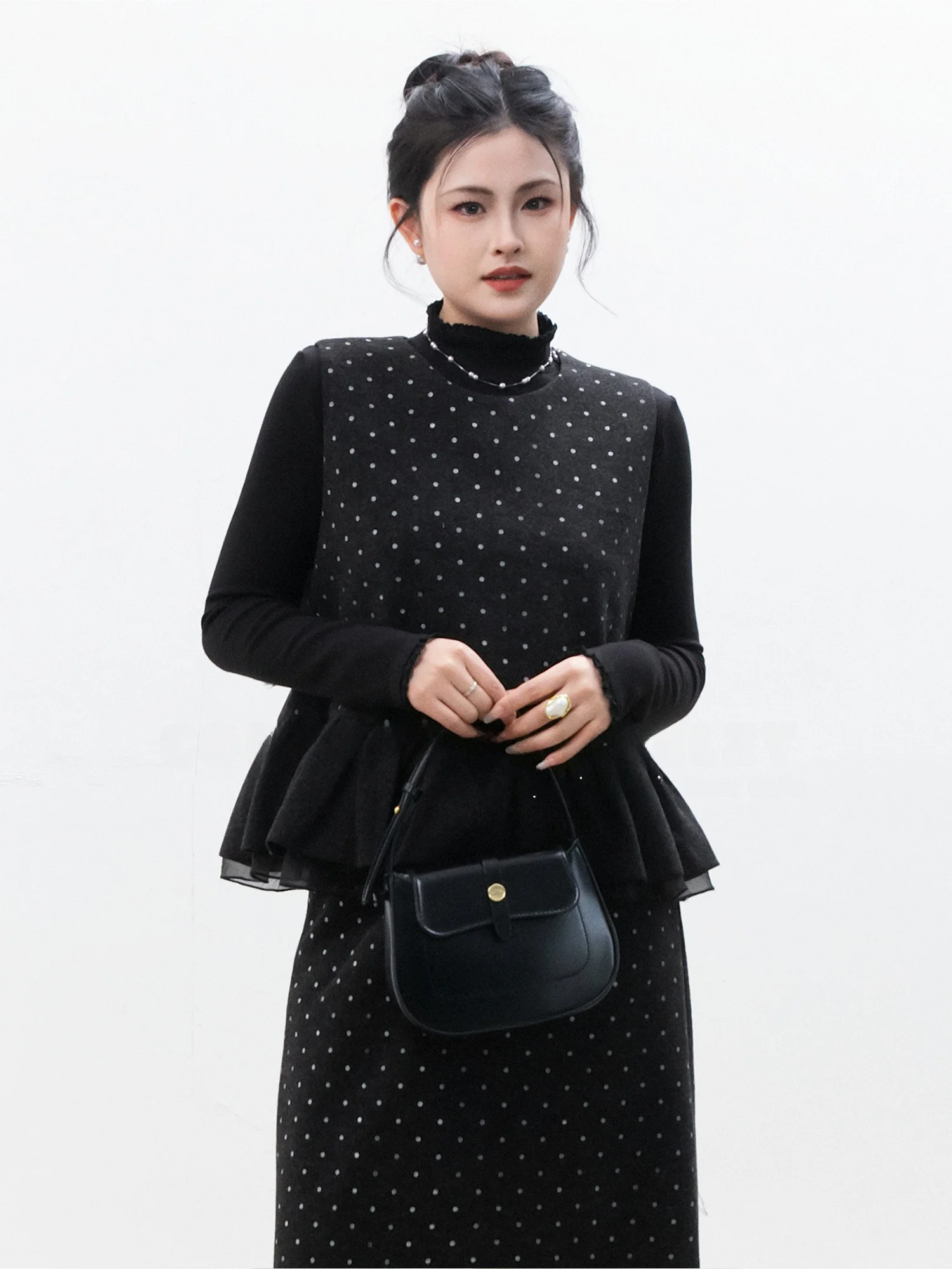 

Chelzy Gentle Dot Vest Skirt Set Women's Spring Autumn New High-End Ele Slimming Tee-Piece Set Faionable Ensemble