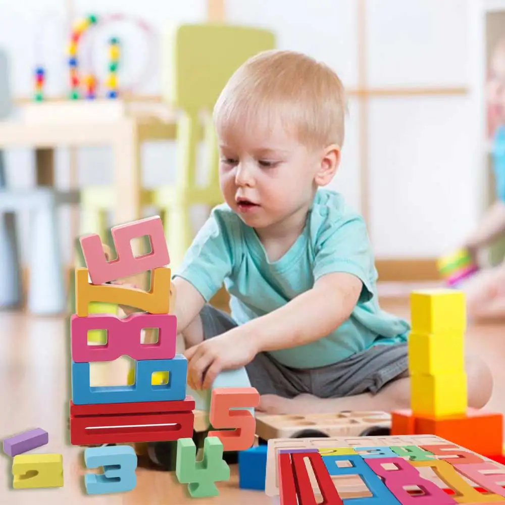 Wooden Digital Building Blocks Educational Balance Game 3D Digital Puzzle Assembly Bricks Large Particle Stacking Blocks