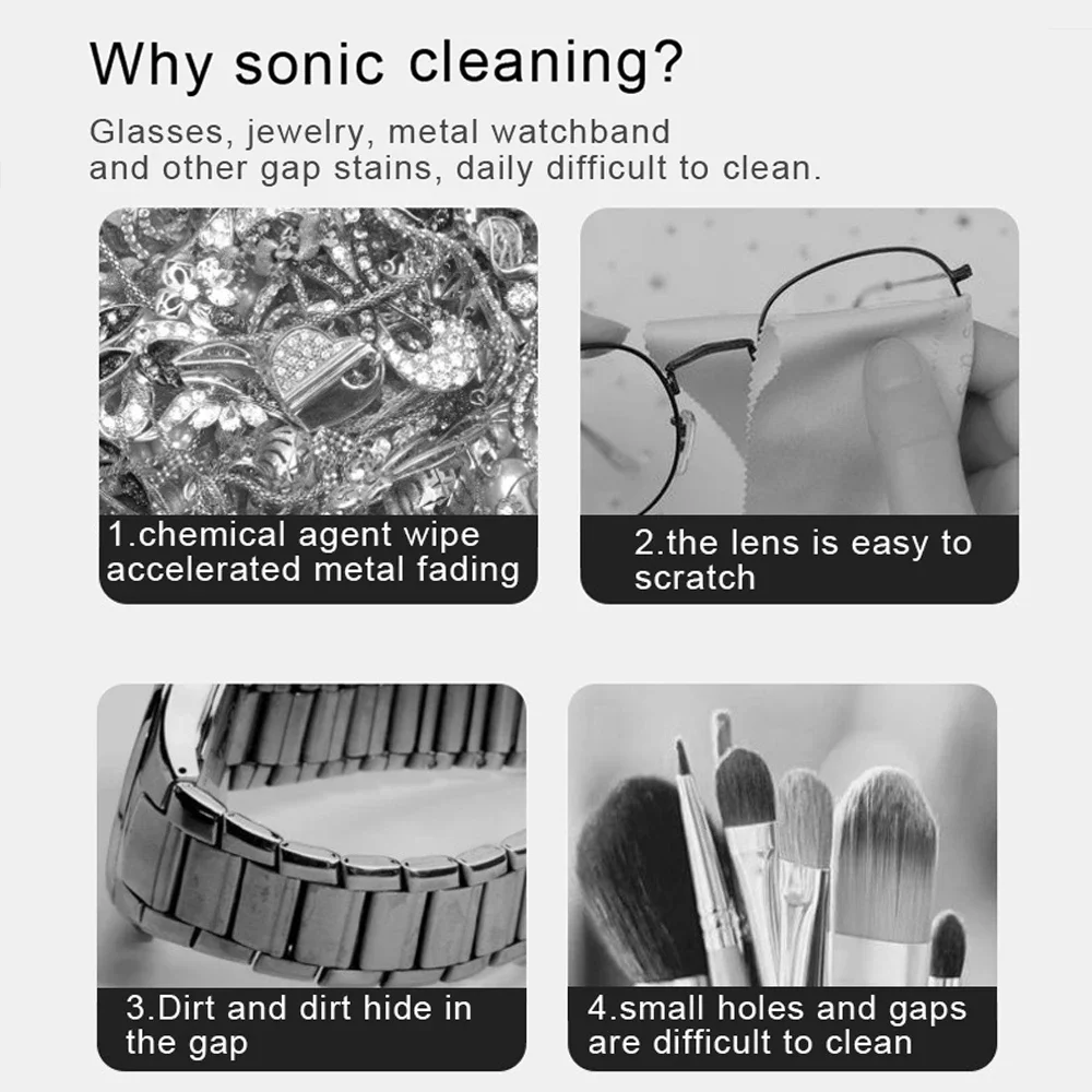 Sonic Glasses Cleaner Silver Jewelry Watch Brush Mini Washer USB Portable Ultrasound Vibration Multifunction Cleaning Machine