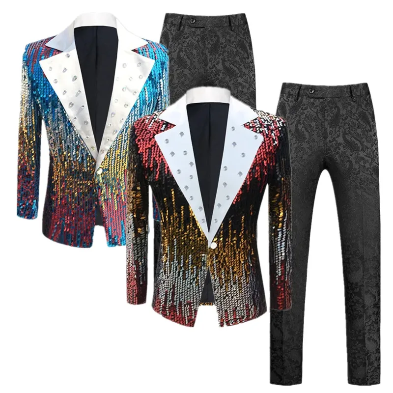 

(Jacket + Trouser) New Men Wedding Prom Party Luxury Sequin Suit Fashion Singer Bar KTV Stage Performance Dress Blazers and Pant