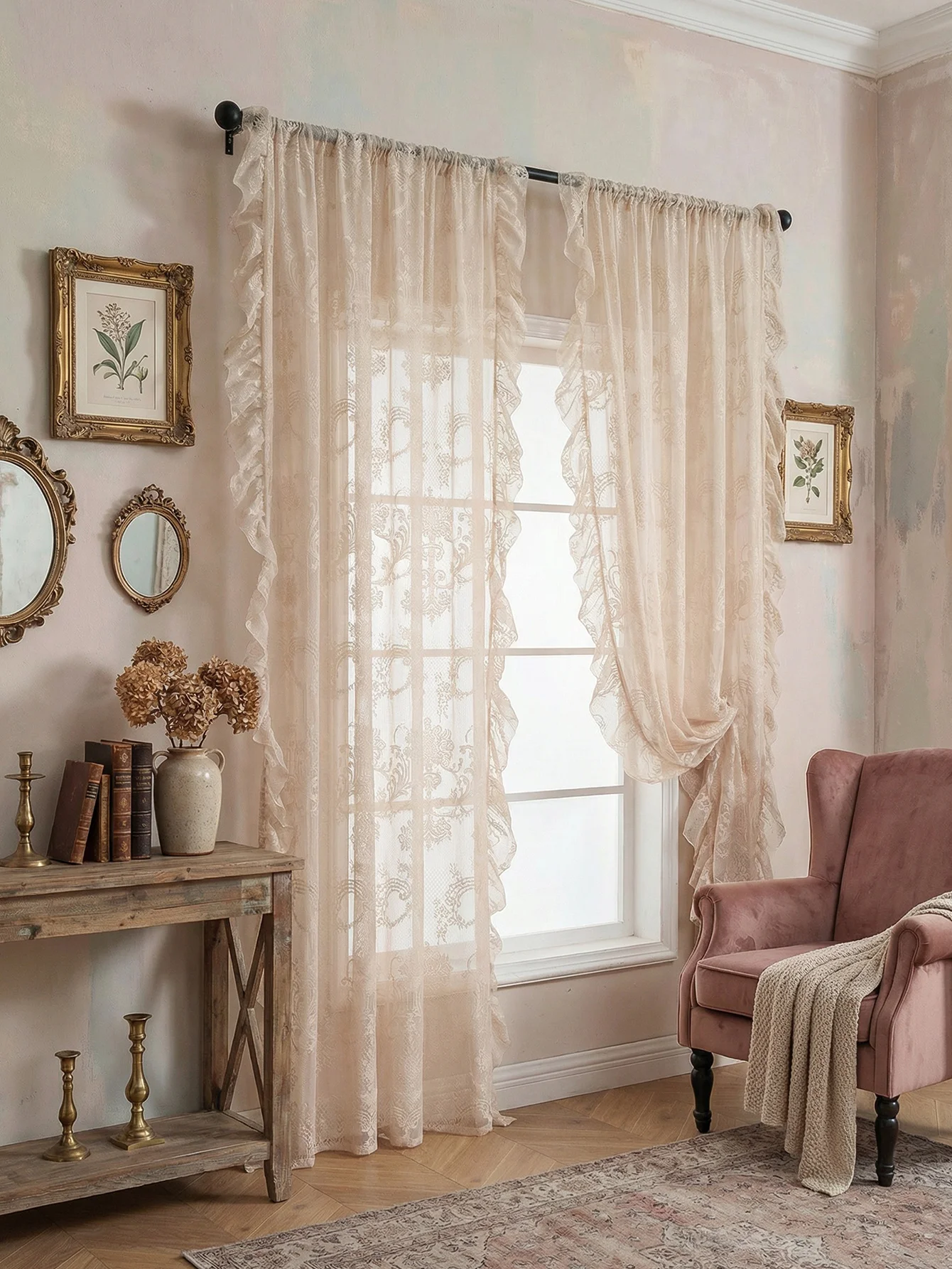 1 PC Princess Style Lace Valance French Creamy Vintage Floating Curtains Transparent Tulle with Leaf Edge for Home Decor