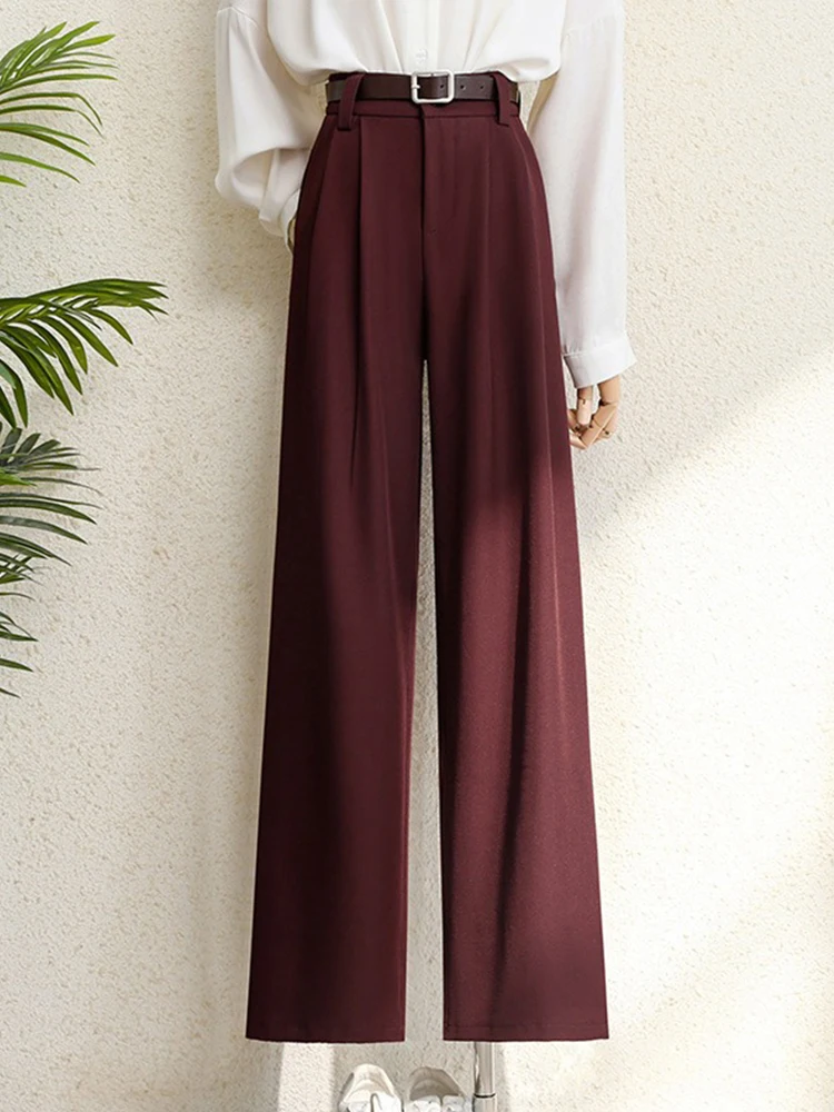 Fall Winter 2024 Burgundy Suits Pants for Women Office Lady Elegant High Waist Wide Leg Fashion Trousers with Pockets Black Gray