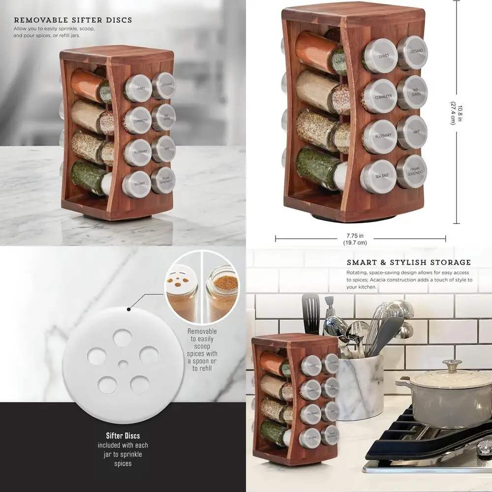 

Acacia Wood Revolving Spice Rack with Stainless Steel Tops, Brown, Includes 5 Years of Free Spice Refills