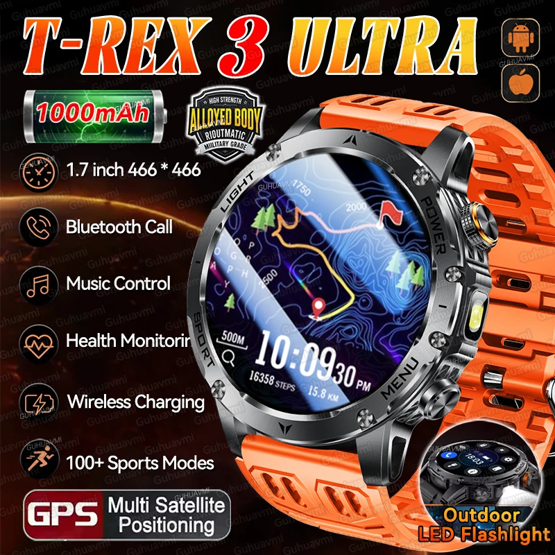 

2025Новые умные часы с аккумулятором T-Rex 3 Ultra 1000 мАч, 1,7-дюймовый AMOLED-дисплей, водонепроницаемые часы-фонарик, телефонные звонки, спортивные умные часы